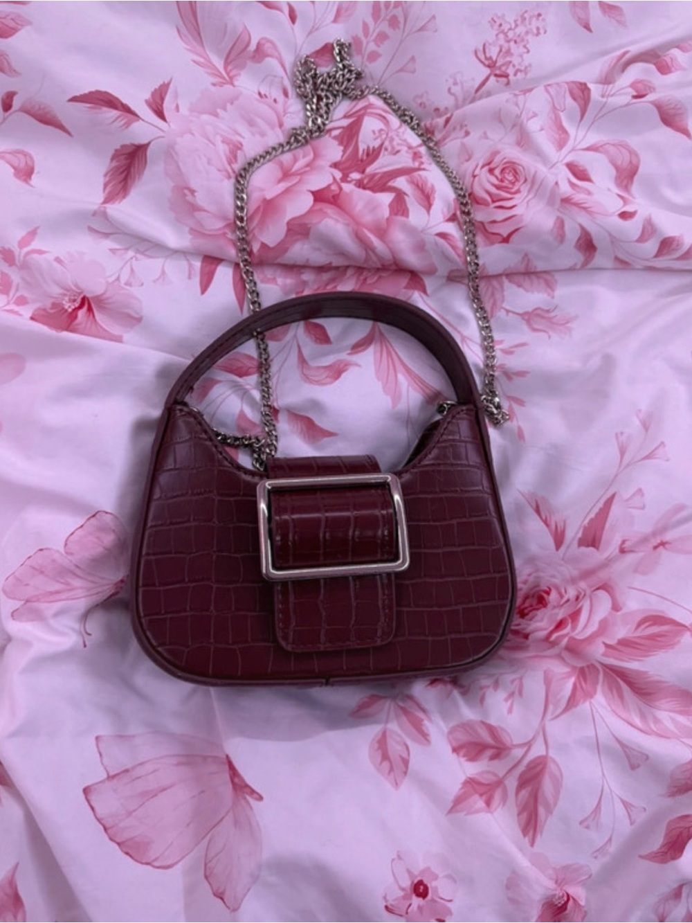 Urban Outfitters Burgundy Croc Mini Shoulder Bag with Silver Chain